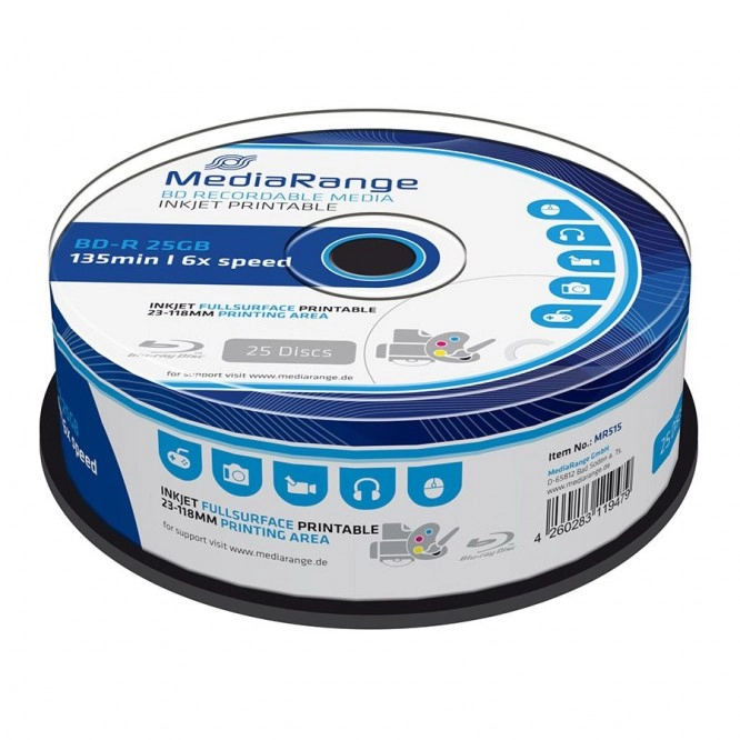 Mediarange BD-R 25GB 6X InkJet Full Surface Printable, 25 Pezzi - MR515